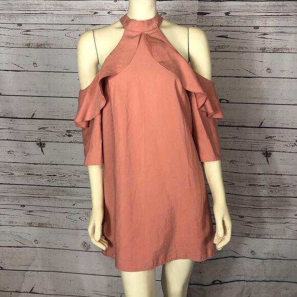 BCBGENERATION COLD SHOULDER HIGH NECK HALTER RUFFLED MINI DRESS size xs - Picture 2 of 12